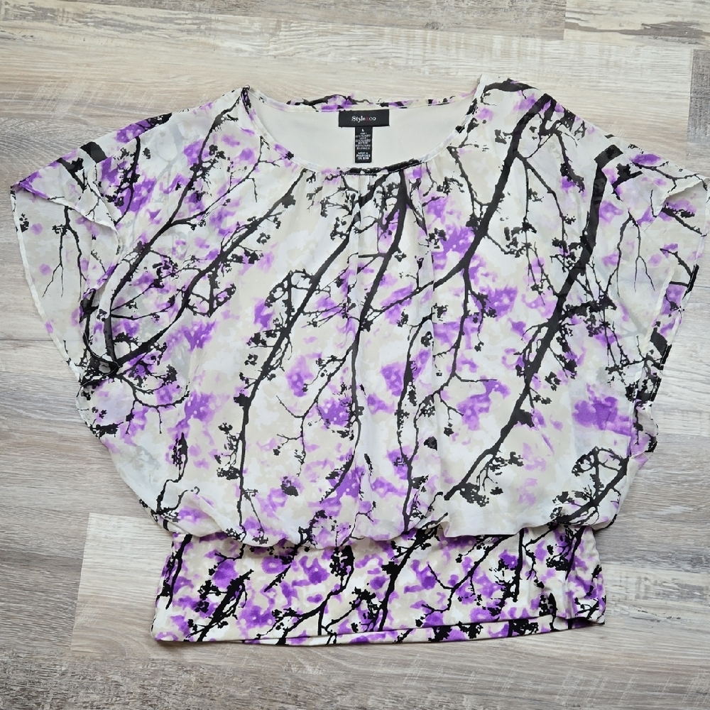 Style & Co. L Women's Vlouse Puurple Black Cewam White